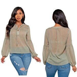 NWT Boho Blouse Sheer Sage Green & Metallic Gold Top Shirt Puff Sleeve by RBJ